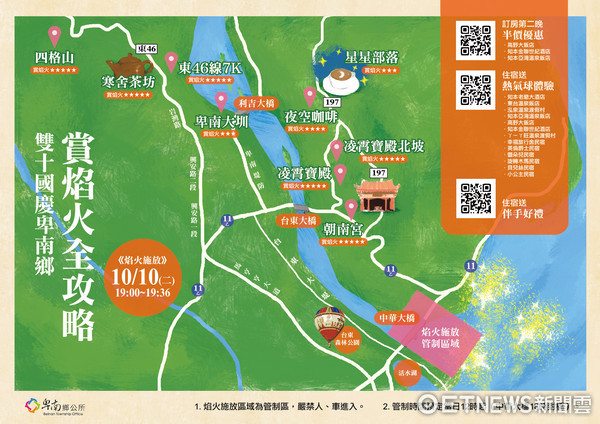 配合双十国庆焰火到台东施放，卑南乡公所特别整理出‘双十国庆卑南乡赏焰火全攻略’，汇整辖内可供观赏焰火的地点与在地旅宿业者提供住宿优惠。(图／卑南乡公所提供)