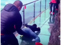 玻璃步道盖在峡谷边缘！　大叔吓哭腿软只能被拖着走