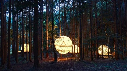 新体验！住进球形帐篷在日本静冈森林间漂浮